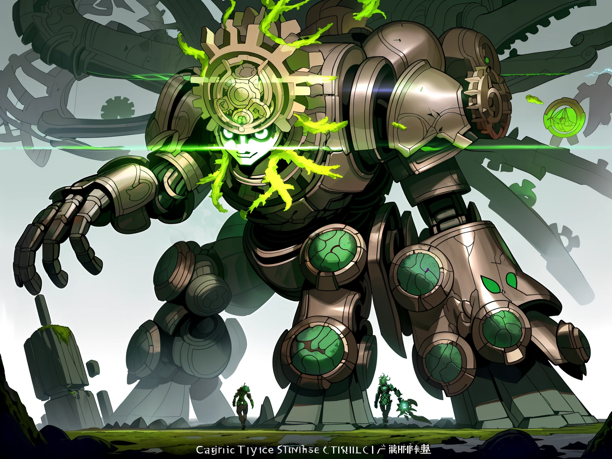 giant robots,The upper part of the body,unicorn,(The design references tribal totem style:1.3),(There are gears in the body,Skillfully displayed inside the shattered armor:1.3),(//The head display is designed in a glass spray paint style:1.3//),The contrast between high and low is obvious,This robot is half a body taller than a tree,(It's a magic-style machine,Stone shell:1.3),(There are green moss at the joints:1.3),Break!,Dense woods,Huge trees and mushrooms,Gray stones and wildflowers grow in the cracks of the stones