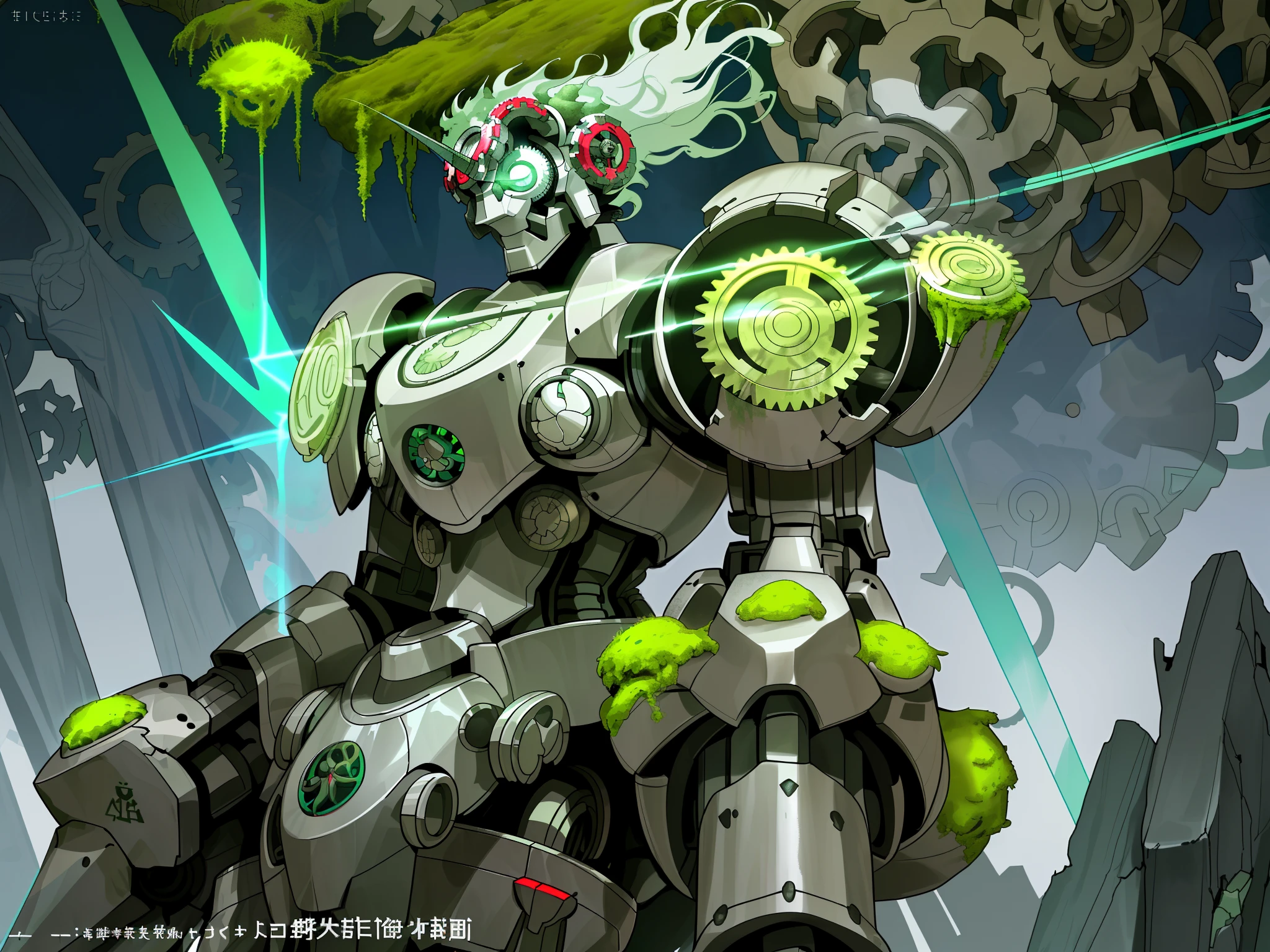 giant robots,The upper part of the body,unicorn,(The design references tribal totem style:1.3),(There are gears in the body,Skillfully displayed inside the shattered armor:1.3),(//The head display is designed in a glass spray paint style:1.3//),The contrast between high and low is obvious,This robot is half a body taller than a tree,(It's a magic-style machine,Stone shell:1.3),(There are green moss at the joints:1.3),Break!,Dense woods,Huge trees and mushrooms,Gray stones and wildflowers grow in the cracks of the stones