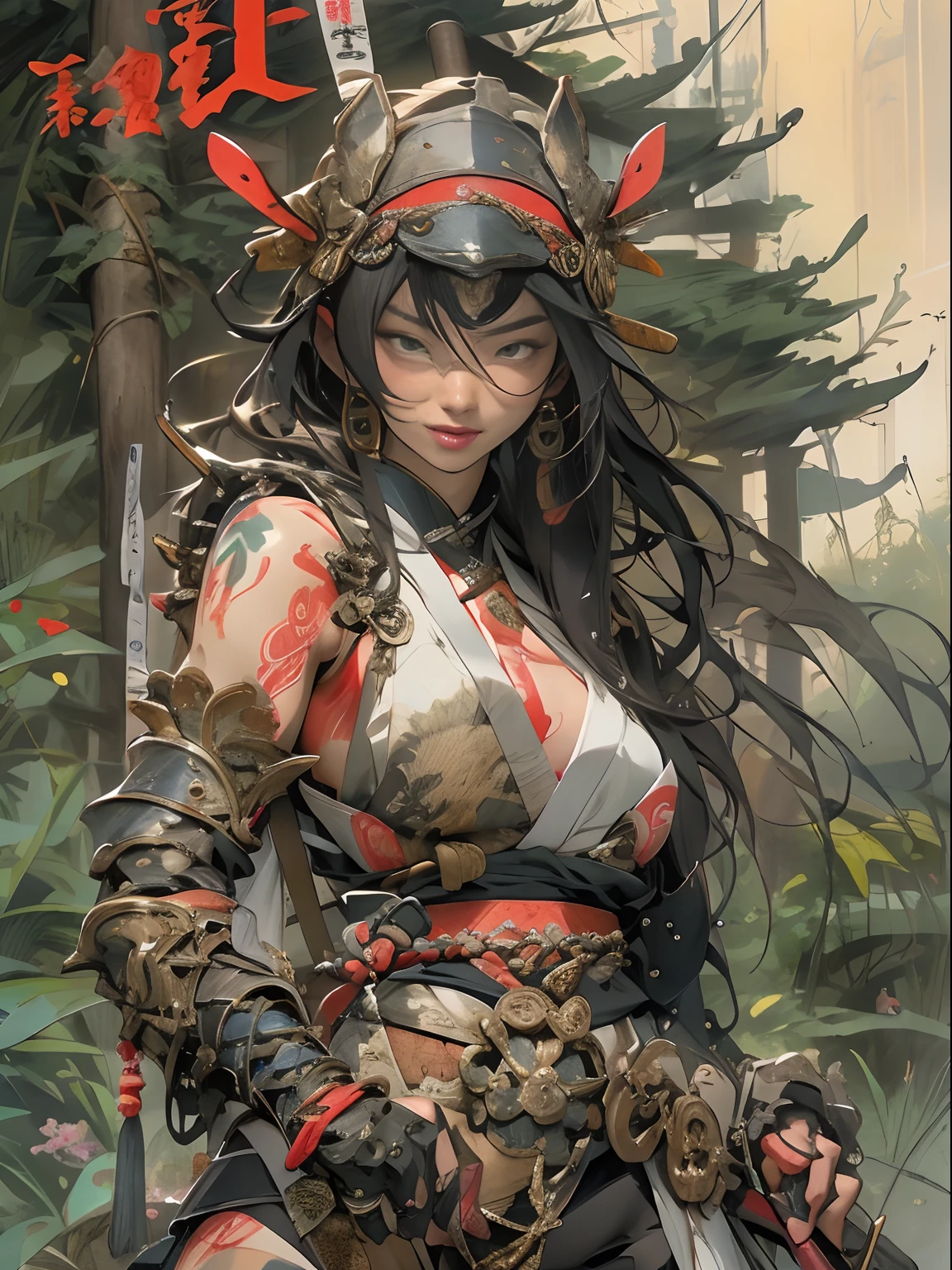 (((woman))), (((best qualityer))), (((tmasterpiece))), (((AS-Adult))), ((( Japanese ))), Look up from your knees, A beautiful asian samurai woman with perfect body, Modern samurai, ((( Asian))), Wear gloves on your hands,The left arm is made of steel and metal tips,Made of protective devices, The eyes are pulled, (( Appears below the breast )), (( Small dental floss )), Simon Bisley, Almost naked(Simon Bisley)Castle City Wilderness,For high-resolution posters, hair straight, Minimum clothing, armure (Crazy clothes ), Full of tips and rivets, tribal tattoos, (((full bodyesbian))), Straight brunette hair,Colored hair ends