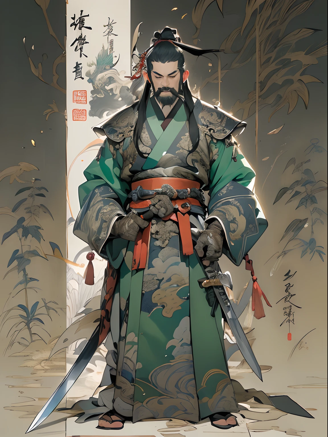 (((China-style,Ink painting method,Half-length portrait,Intense color,Han dynasty, China,Hanfu,Armor,Guan yu,Guan Yunchang,of a guy,Ruddy killing square face,Hold the Blue Dragon Moon Knife in his right hand,Stroke your beard with your left hand,Long hair,petty eyes,Green robe))), (((best qualityer))), (((tmasterpiece))), (((AS-Adult))), ((( Japanese ))), Look up from your knees, Handsome Asian samurai,perfect body figure, Modern samurai, ((( Asian))), Wear gloves on your hands,The left arm is made of steel and metal tips,Made of protective devices, The eyes are pulled, (( Appears below the chest )), (( Small dental floss )), Simon Bisley, Almost naked(Simon Bisley)Castle City Wilderness,For high-resolution posters, hair straight, Minimum clothing, armure (Crazy clothes ), Full of tips and rivets, tribal tattoos, (((full bodyesbian))), Straight brunette hair,Colored hair ends