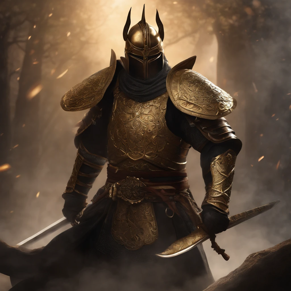 guerreiro, arte conceitual, Directed by: Kishi Ganku, arte de fantasia, Fundo do templo zen, clean render, um chifre, vestindo uma armadura, detailed bushido form smoke, capacete de uma divindade esquecida, character is standing, fighting position, 8k realista, in game render, detalhe detalhado do fundo do rosto, Art Station home page, boi, pseudo - fantasia medieval, Divindade com armadura koi, armadura de bronze detalhada, Armadura de Bronze, armadura gravada dourada, Armadura Obsidiana de Ouro, armadura de ouro claro, armadura de filigrana ornamentada, demon warrior, armadura ornamentada coberta de espinhos, intrincada armadura assasin, intrincada armadura de metal, Formidable warrior, revestido com uma armadura dourada ornamentada adornada com desenhos intrincados, tudo contra um escuro, smoky scenery suggestive of a battle scene, lending a sinister aura to your persona