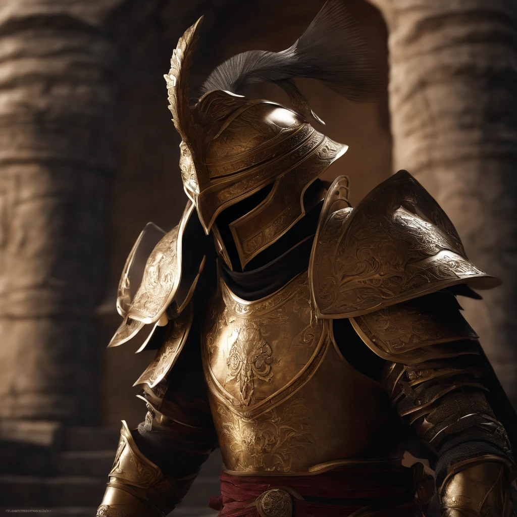 guerreiro, arte conceitual, Directed by: Kishi Ganku, arte de fantasia, Fundo do templo zen, clean render, um chifre, vestindo uma armadura, detailed bushido form smoke, capacete de uma divindade esquecida, character is standing, fighting position, 8k realista, in game render, detalhe detalhado do fundo do rosto, Art Station home page, boi, pseudo - fantasia medieval, Divindade com armadura koi, armadura de bronze detalhada, Armadura de Bronze, armadura gravada dourada, Armadura Obsidiana de Ouro, armadura de ouro claro, armadura de filigrana ornamentada, demon warrior, armadura ornamentada coberta de espinhos, intrincada armadura assasin, intrincada armadura de metal, Formidable warrior, revestido com uma armadura dourada ornamentada adornada com desenhos intrincados, tudo contra um escuro, smoky scenery suggestive of a battle scene, lending a sinister aura to your persona