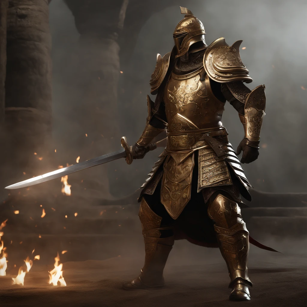 guerreiro, arte conceitual, Directed by: Kishi Ganku, arte de fantasia, Fundo do templo zen, clean render, um chifre, vestindo uma armadura, detailed bushido form smoke, capacete de uma divindade esquecida, character is standing, fighting position, 8k realista, in game render, detalhe detalhado do fundo do rosto, Art Station home page, boi, pseudo - fantasia medieval, Divindade com armadura koi, armadura de bronze detalhada, Armadura de Bronze, armadura gravada dourada, Armadura Obsidiana de Ouro, armadura de ouro claro, armadura de filigrana ornamentada, demon warrior, armadura ornamentada coberta de espinhos, intrincada armadura assasin, intrincada armadura de metal, Formidable warrior, revestido com uma armadura dourada ornamentada adornada com desenhos intrincados, tudo contra um escuro, smoky scenery suggestive of a battle scene, lending a sinister aura to your persona