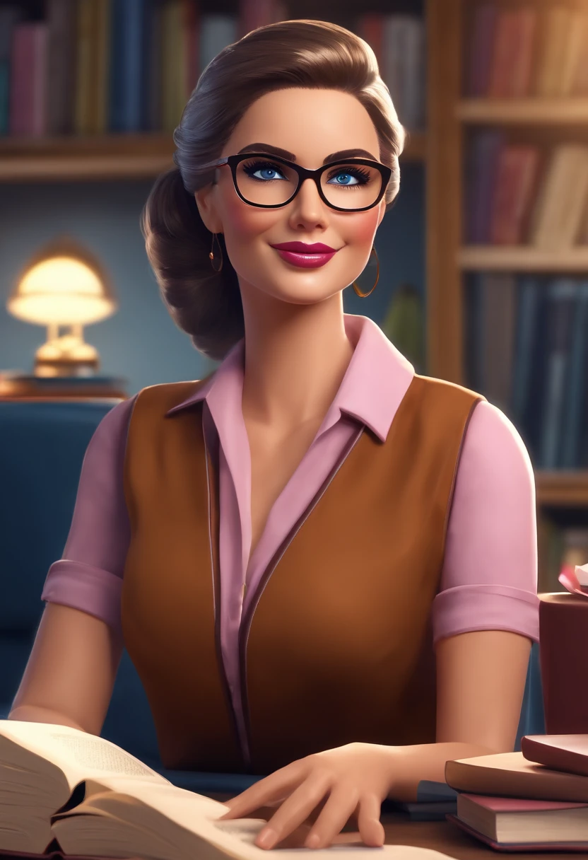 School director, empowered, sitting at the desk, in the school office, with books, notebooks, computer, dark and tied hair, fair skin, blue eyes, wearing glasses, with a serene and happy face, barbie style, wearing a dress