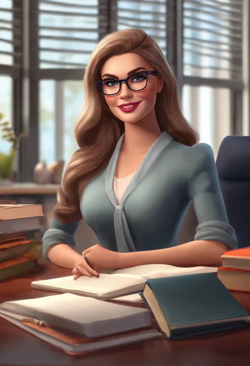 School director, empowered, sitting at the desk, in the school office, with books, notebooks, computer, dark and tied hair, fair skin, blue eyes, wearing glasses, with a serene and happy face, barbie style, wearing a dress