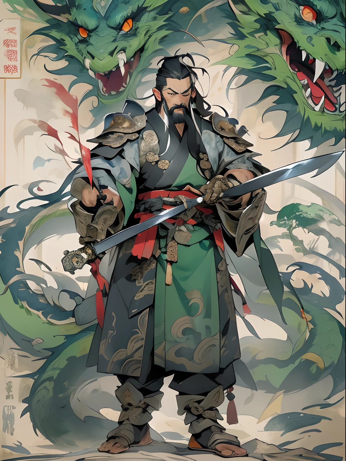 (((China-style，Ink painting method，Half-length portrait，Intense color，Han dynasty, China，Hanfu，Armor，Guan yu，Guan Yunchang，of a guy，Ruddy killing square face，Hold the Blue Dragon Moon Knife in his right hand，Stroke your beard with your left hand，Long hair，petty eyes，Green robe))), (((best qualityer))), (((tmasterpiece))), (((AS-Adult))), ((( Japanese ))), Look up from your knees, Handsome Asian samurai，perfect body figure, Modern samurai, ((( Asian))), Wear gloves on your hands，The left arm is made of steel and metal tips，Made of protective devices, The eyes are pulled, (( Appears below the chest )), (( Small dental floss )), Simon Bisley, Almost naked（Simon Bisley）Castle City Wilderness，For high-resolution posters, hair straight, Minimum clothing, armure (Crazy clothes ), Full of tips and rivets, tribal tattoos, (((full bodyesbian))), Straight brunette hair，Colored hair ends