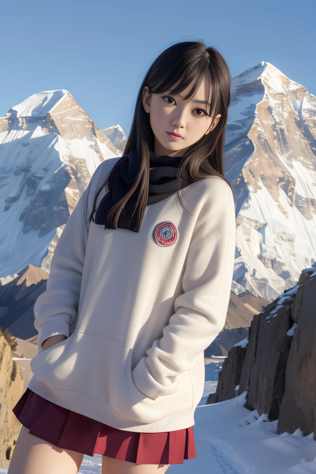 best qualtiy、masutepiece、超A high resolution、(Photorealistic:1.4)、japanes、adult lady、modeled、small head、long legged、Colossal tits、the perfect body、By Michelangelo、ulzzang -6500-v1.1、Winter climbing、View of Mount Everest、japanese hight school uniform