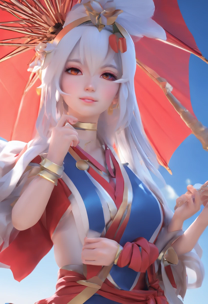 1girl, (kagura mobile legend), long hair, white hair, umbrella, Japanese girl, blue clothes, Japanese clothes, high quality, best anatomy