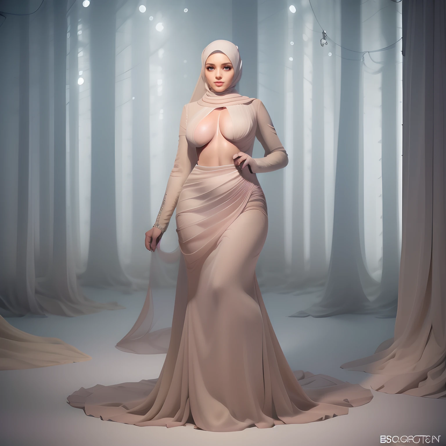 (NSFW,highres:1.2),1 girl,perfect body shape, slim waist,full body view,lifting her shirt,showing her boobs,wearing a hijab,beautiful detailed eyes,long eyelashes,natural makeup,soft smile,vivid colors,studio lighting,physically-based rendering,digital artwork,bokeh