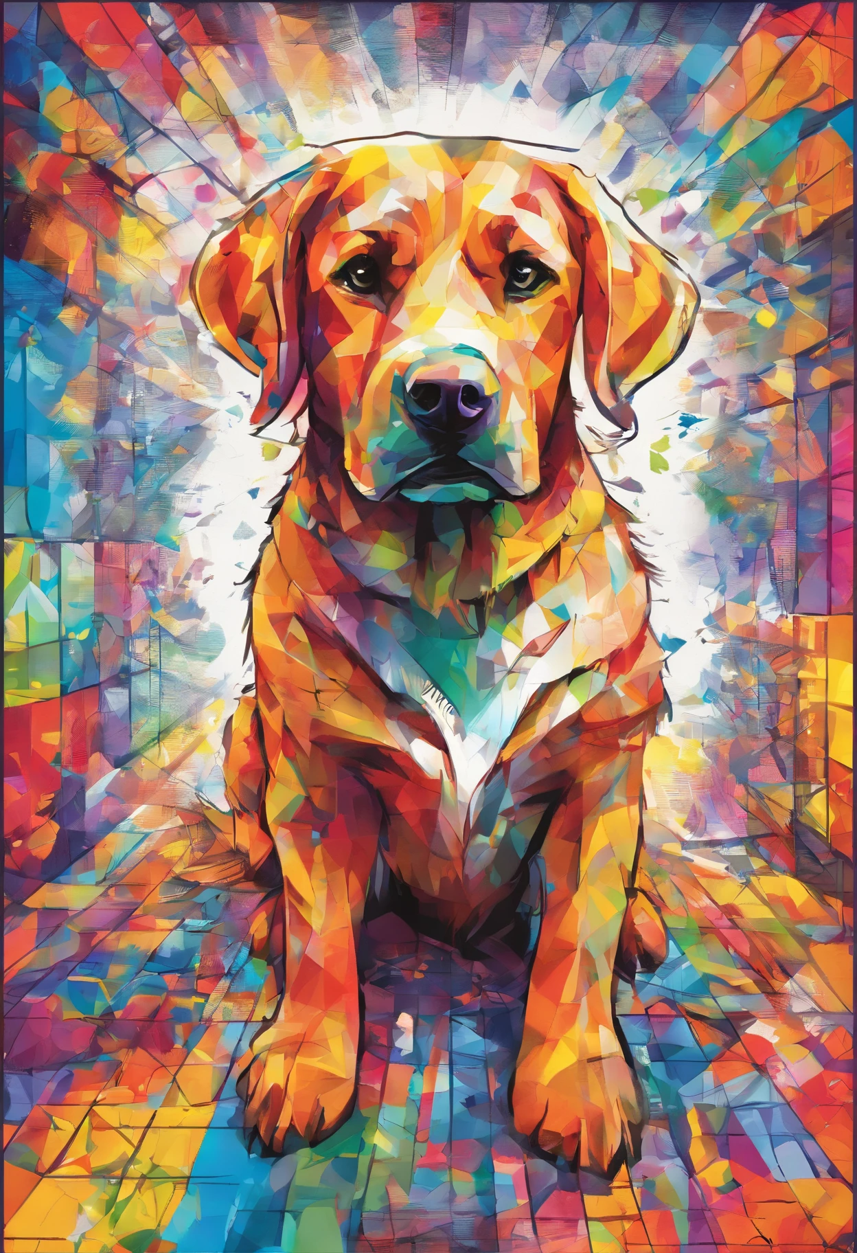 (best quality, highres, realistic:1.37), HDR, studio lighting, ultra-detailed, colorful, vibrant colors, bokeh, dog, labrador, best pose, best angle, best expression, Eduardo Kobra-style mural, geometric multidimensional background, portrait art, Chibi-style, Yang08k filter, beautiful, coloring
