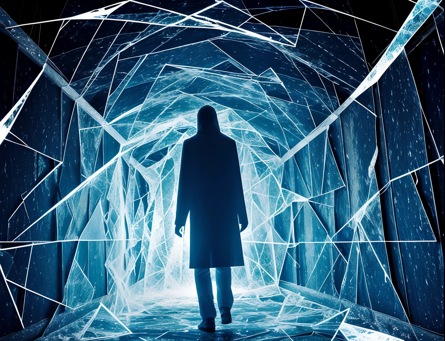 A Photograph of a specter in shattered glass: Reflective shards distort a ghostly figure, shrouded in ethereal blue hues and hauntingly fragmented.