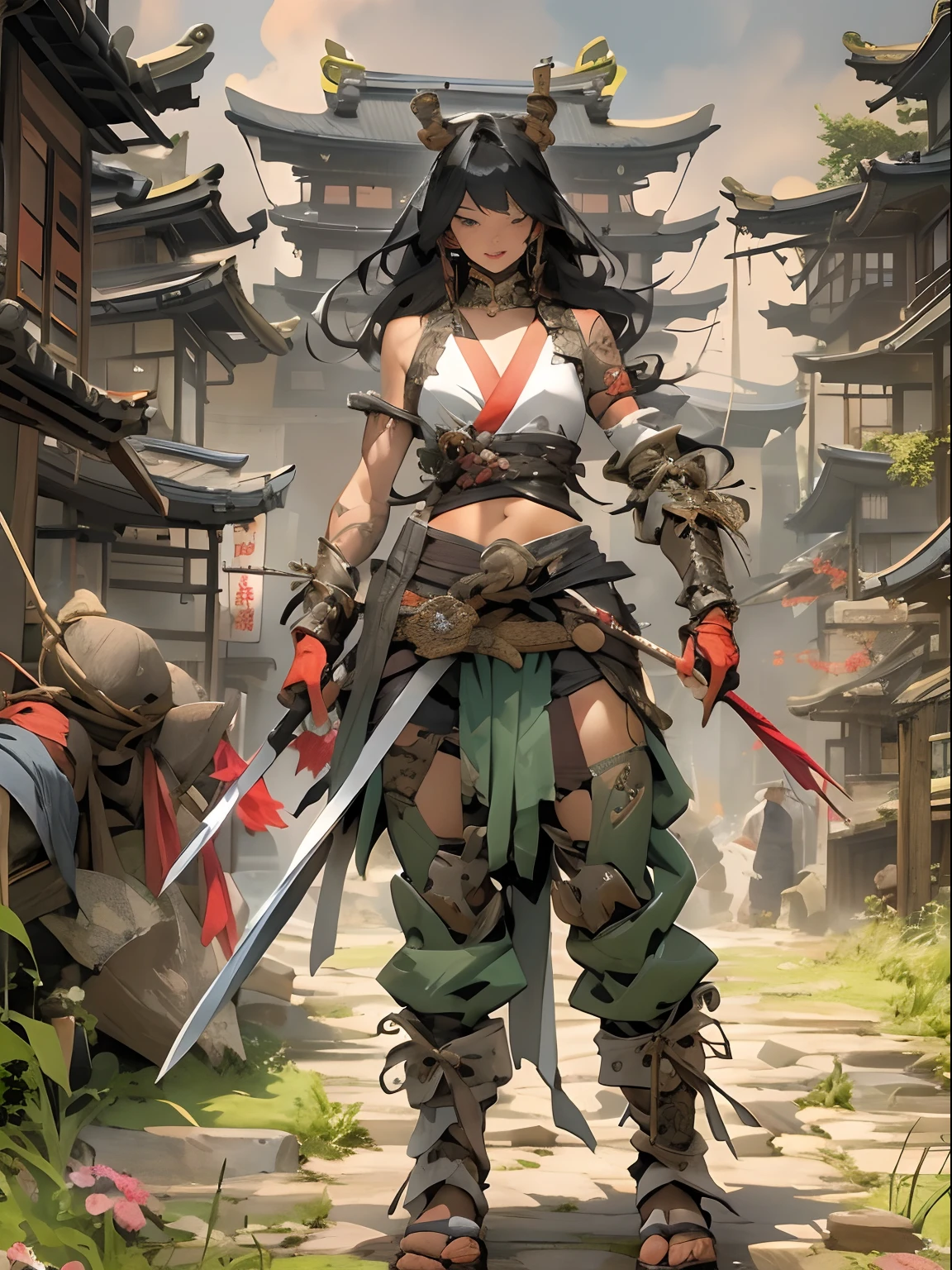 (((woman))), (((best qualityer))), (((tmasterpiece))), (((AS-Adult))), ((( Japanese ))), Look up from your knees, A beautiful asian samurai woman with perfect body, Modern samurai, ((( Asian))), Wear gloves on your hands，The left arm is made of steel and metal tips，Made of protective devices, The eyes are pulled, (( Appears below the breast )), (( Small dental floss )), Simon Bisley, Almost naked（Simon Bisley）Castle City Wilderness，For high-resolution posters, hair straight, Minimum clothing, armure (Crazy clothes ), Full of tips and rivets, tribal tattoos, (((full bodyesbian))), Straight brunette hair，Colored hair ends