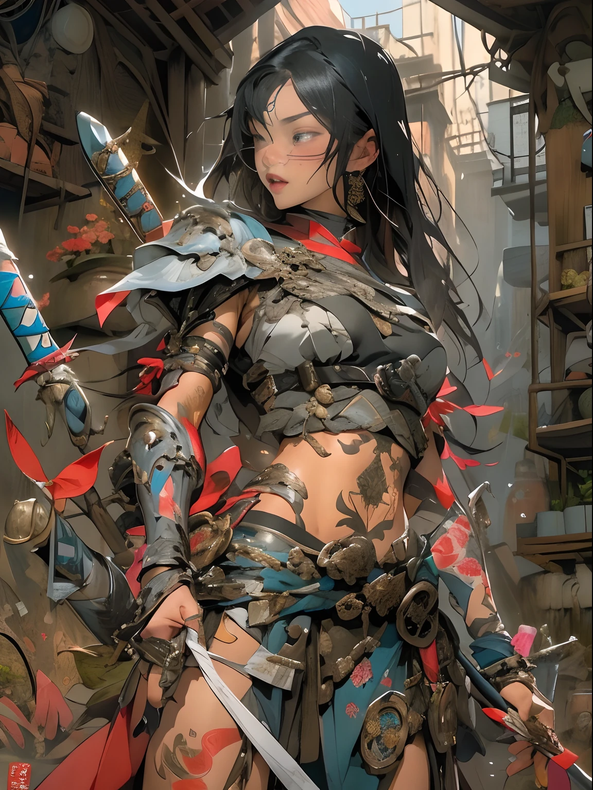 (((woman))), (((best qualityer))), (((tmasterpiece))), (((AS-Adult))), ((( Japanese ))), Look up from your knees, A beautiful asian samurai woman with perfect body, Modern samurai, ((( Asian))), Wear gloves on your hands，The left arm is made of steel and metal tips，Made of protective devices, The eyes are pulled, (( Appears below the breast )), (( Small dental floss )), Simon Bisley, Almost naked（Simon Bisley）Castle City Wilderness，For high-resolution posters, hair straight, Minimum clothing, armure (Crazy clothes ), Full of tips and rivets, tribal tattoos, (((full bodyesbian))), Straight brunette hair，Colored hair ends