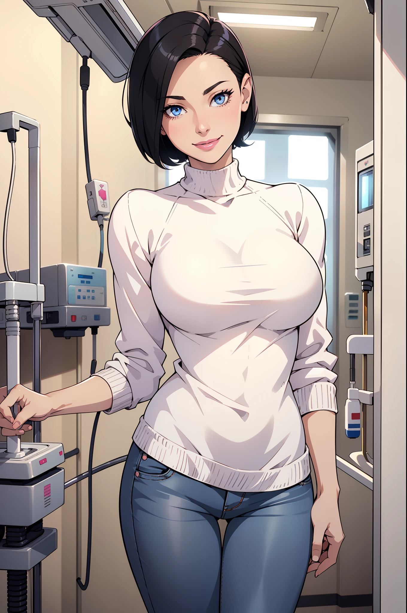 1womanl, short hair, square,black  hair, blue eyes, pink lipsticks, Smile, Standing, ((Hospital ward)), sharp outline, white sweater,gray jeans Mature female, 35 years old, Best Quality, masutepiece