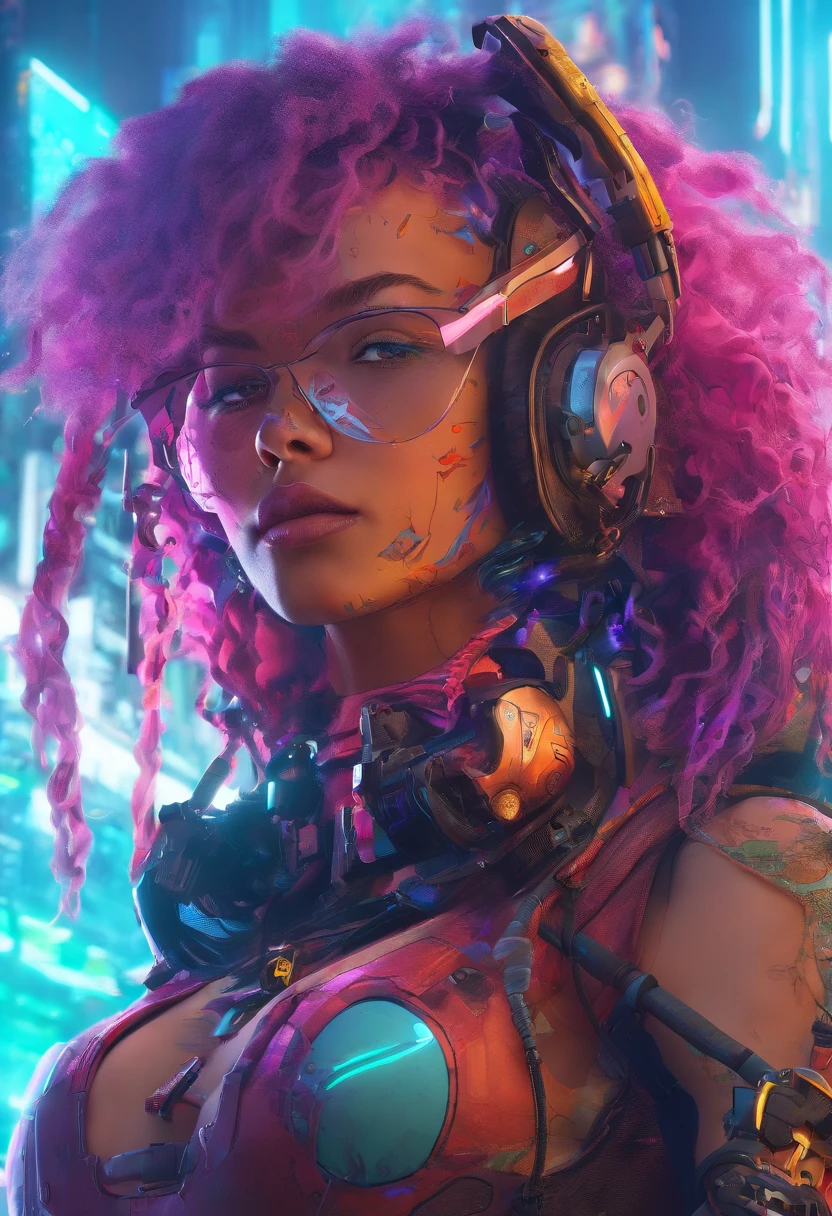 (highly detailed: 1.2), (canon EOS R6 best quality: 1.2), (8k: 1.0), (emb-rrf-low: 1.0), (lots of large black tattoos on cybernetic head open in the middle showing the inside, detailed face, hyper detailed eyes and wearing hi-tech sunglasses with holographic display 1.2), sharp focus (awarded photo: 1.2), (subsurface scatter: 1.2), (subsurface scatter: 1.2). 1.1) (a beautiful ultra-detailed cyborg: 1.2), ( hyper-detailed hair: 1.2), (wonderful body: 1.2), (full body: 1.2), (dynamic stance :1.2), neon glow, (detailed cybernetic eyes:1.1), close-up (hyperrealistic:1.2), rpg, CyberPunk 2077 style, dramatic lighting, (highly detailed futuristic cityscape:1.2), (sci-fi: 1.2). 1.2), professional portrait photography, by wlop greg rutkowski jeffrey simpson alphonse mucha