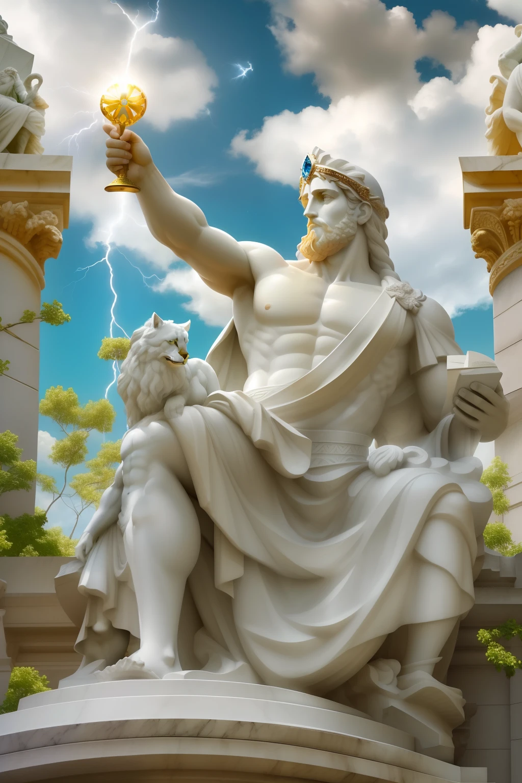 (extremamente detalhado CG unidade 8k papel de parede, best quality, master part, um extremamente delicado e bonito), Jardim grego, white marble statue, Zeus, golden lightning, thunderous sky, raios solares,Vinhas verdes, flores vermelhas, blue sky background, grandioso, majestoso.
