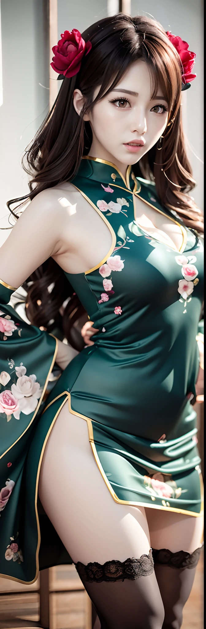 (Best quality, Ultra-detailed, photo-realistic:1.37), 3D anime style girl with green wavy curls,  A delicate facial feature，Girl with long eyelashes, Bright red eyes reflect light, full pouty lips, A colorful crystal necklace, Black cheongsam dress，white trim, Peony pattern on clothes, Clear black border thigh stockings, and ultra-wide-angle anime shots.