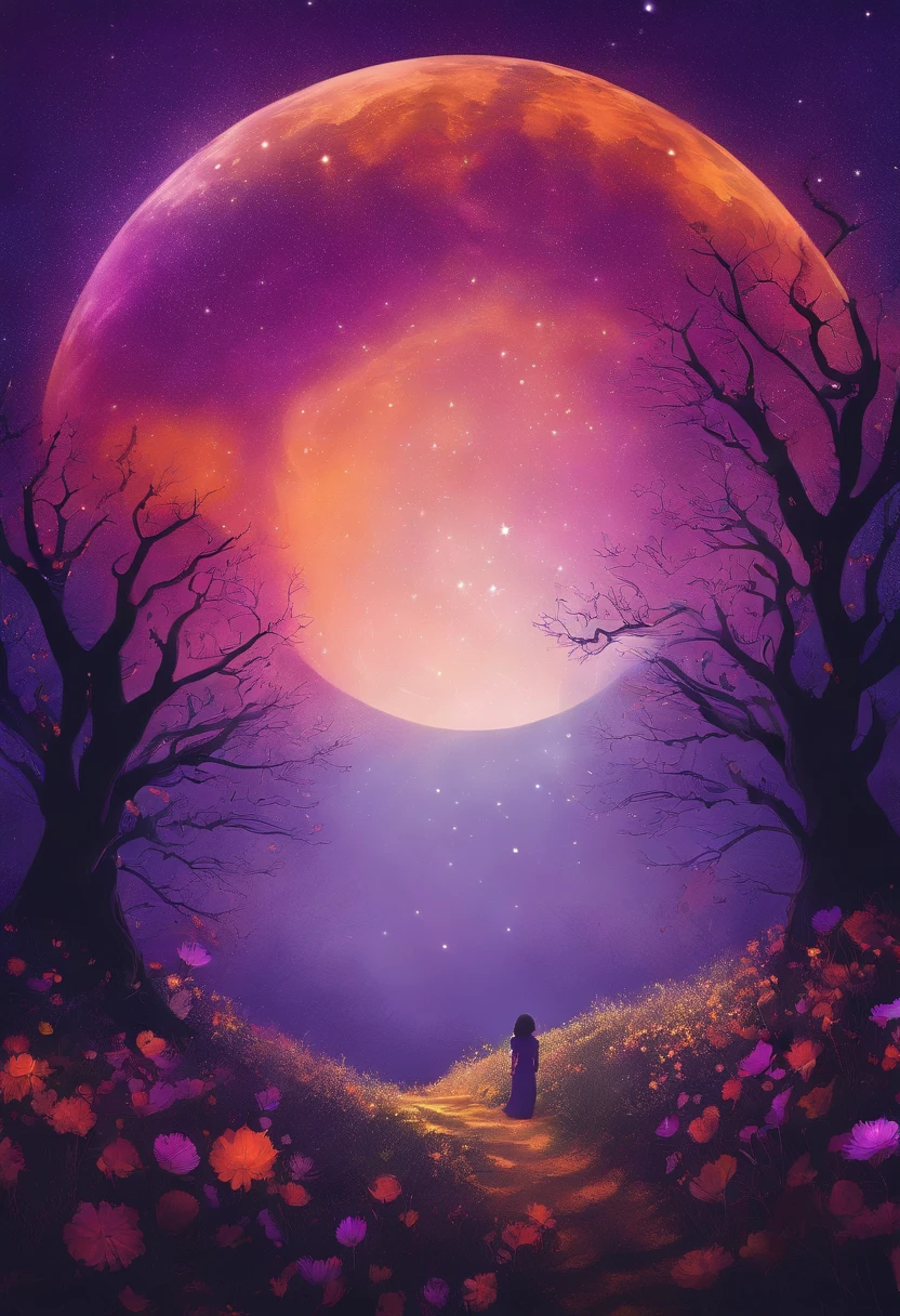 Expansive landscape photograph,(look from down,Above is the sky,Below are open fields),A stood on a flower field and looked up,(moon full:1.2),(meteors:0.9),(Starcloud:1.3),Far Mountain, Tree BREAK making art,(Warm light source:1.2),(glowworm:1.2),lamp lights,Lots of purple and orange,Complicated details,(best qualtiy),4K,ultra - detailed,(dynamic compositions:1.4),detail-rich,plethora of colors,(Irridescent color:1.2),(with light glowing,Atmospheric lighting),dream magical,magical,(独奏:1.
