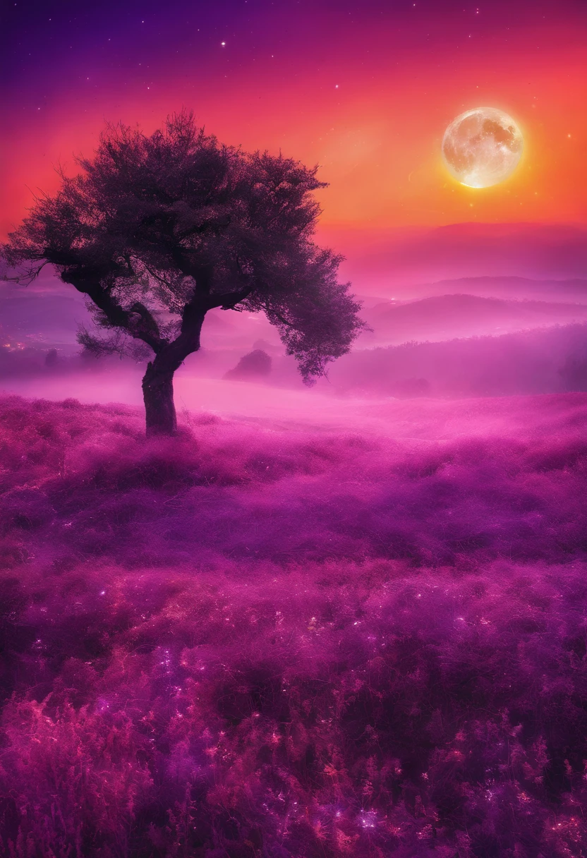 Expansive landscape photograph,(look from down,Above is the sky,Below are open fields),A little girl stood on a flower field and looked up,(moon full:1.2),(meteors:0.9),(Starcloud:1.3),Far Mountain, Tree BREAK making art,(Warm light source:1.2),(glowworm:1.2),lamp lights,Lots of purple and orange,Complicated details,(best qualtiy),4K,ultra - detailed,(dynamic compositions:1.4),detail-rich,plethora of colors,(Irridescent color:1.2),(with light glowing,Atmospheric lighting),dream magical,magical,(独奏:1.