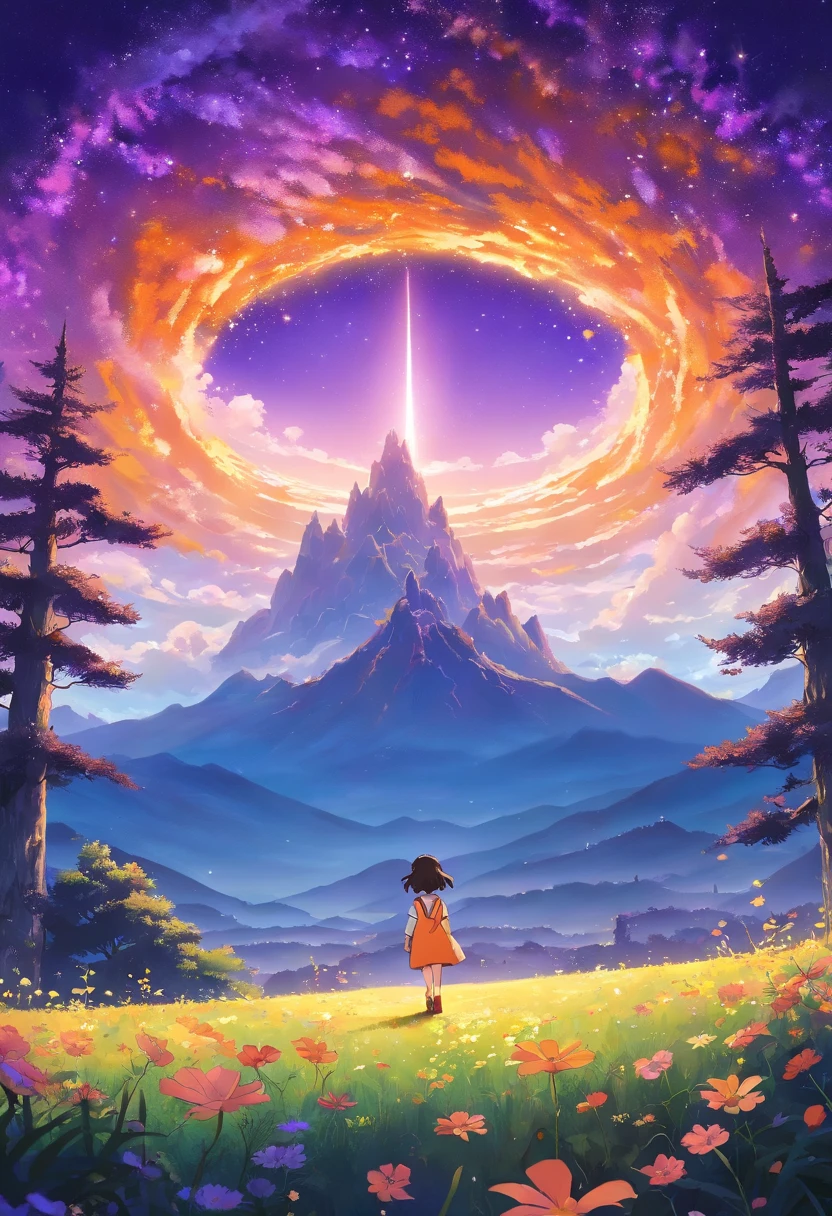 Expansive landscape photograph，（look from down，Above is the sky，Below are open fields），A little girl stood on a flower field and looked up，（moon full：1.2），（meteors：0.9），（Starcloud：1.3），Far Mountain, Tree BREAK making art，（Warm light source：1.2），（glowworm：1.2），lamp lights，Lots of purple and orange，Complicated details，（best qualtiy），4K，ultra - detailed，（dynamic compositions：1.4），detail-rich，plethora of colors，（Irridescent color：1.2），（with light glowing，Atmospheric lighting），dream magical，magical，（独奏：1.