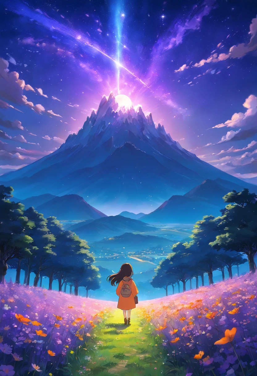 Expansive landscape photograph,(look from down,Above is the sky,Below are open fields),A little girl stood on a flower field and looked up,(moon full:1.2),(meteors:0.9),(Starcloud:1.3),Far Mountain, Tree BREAK making art,(Warm light source:1.2),(glowworm:1.2),lamp lights,Lots of purple and orange,Complicated details,(best qualtiy),4K,ultra - detailed,(dynamic compositions:1.4),detail-rich,plethora of colors,(Irridescent color:1.2),(with light glowing,Atmospheric lighting),dream magical,magical,(独奏:1.
