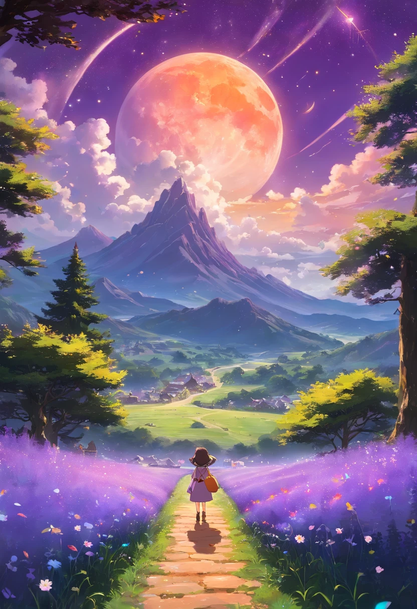 Expansive landscape photograph, (view from below with a view of the sky and wilderness below), little girl standing in a flower field looking up, (full moon: 1.2), (shooting star: 0.9), (nebula: 1.3), distant mountain, tree break production art, (warm light source: 1.2), (firefly: 1.2), lamp, purple and orange, intricate detail, volume lighting, realism break (masterpiece: 1.2) (Best Quality), 4K, Ultra-Detailed, (Dynamic Configuration: 1.4), Highly Detailed and Colorful Details, (Iridescent Colors: 1.2), (Glowing Lighting, Atmospheric Lighting), Dreamy, Magical, (Solo: 1.2) --auto --s2