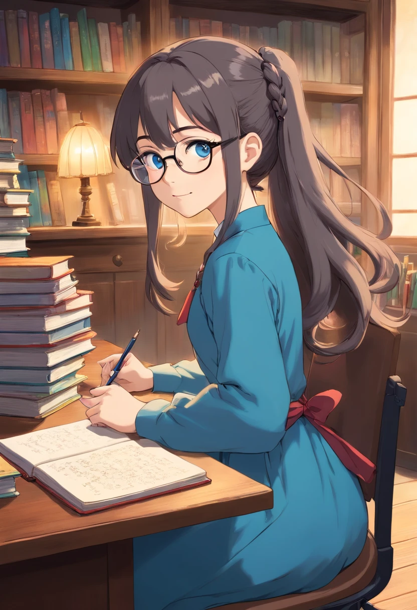 School director, empowered, sitting at the desk, in the school office, with books, notebooks, computer, dark and tied hair, fair skin, blue eyes, wearing glasses, with a serene and happy face, wearing a dress