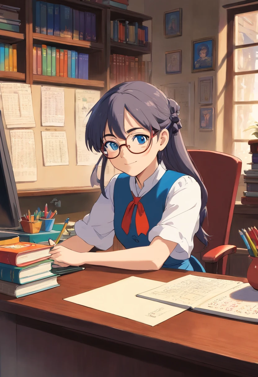 School director, empowered, sitting at the desk, in the school office, with books, notebooks, computer, dark and tied hair, fair skin, blue eyes, wearing glasses, with a serene and happy face, wearing a dress