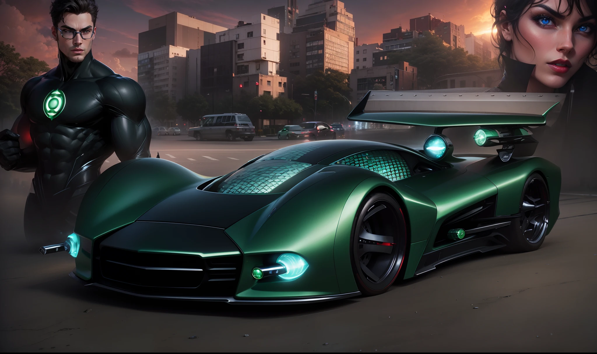 Um carro futurista Preto Brilhante potente no primeiro plano, behind there is the male superhero Green Lantern and on the other side a beautiful woman with blue eyes and red lips and in the background New York buildings with sunsets and neon lights