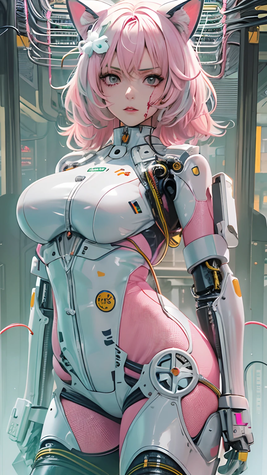 female, perfect body, huge breasts, pink hair, messy hair, freckles, purple eyes, (white bodysuit:1.3), mechanical vertebra, (bare feet:1.2), mechanical joints, skinny, (narrow waist:1.2), makeup, portrait, parted lips, cyberpunk, sitting on the floor, feet, beautiful eyes, girlfriend