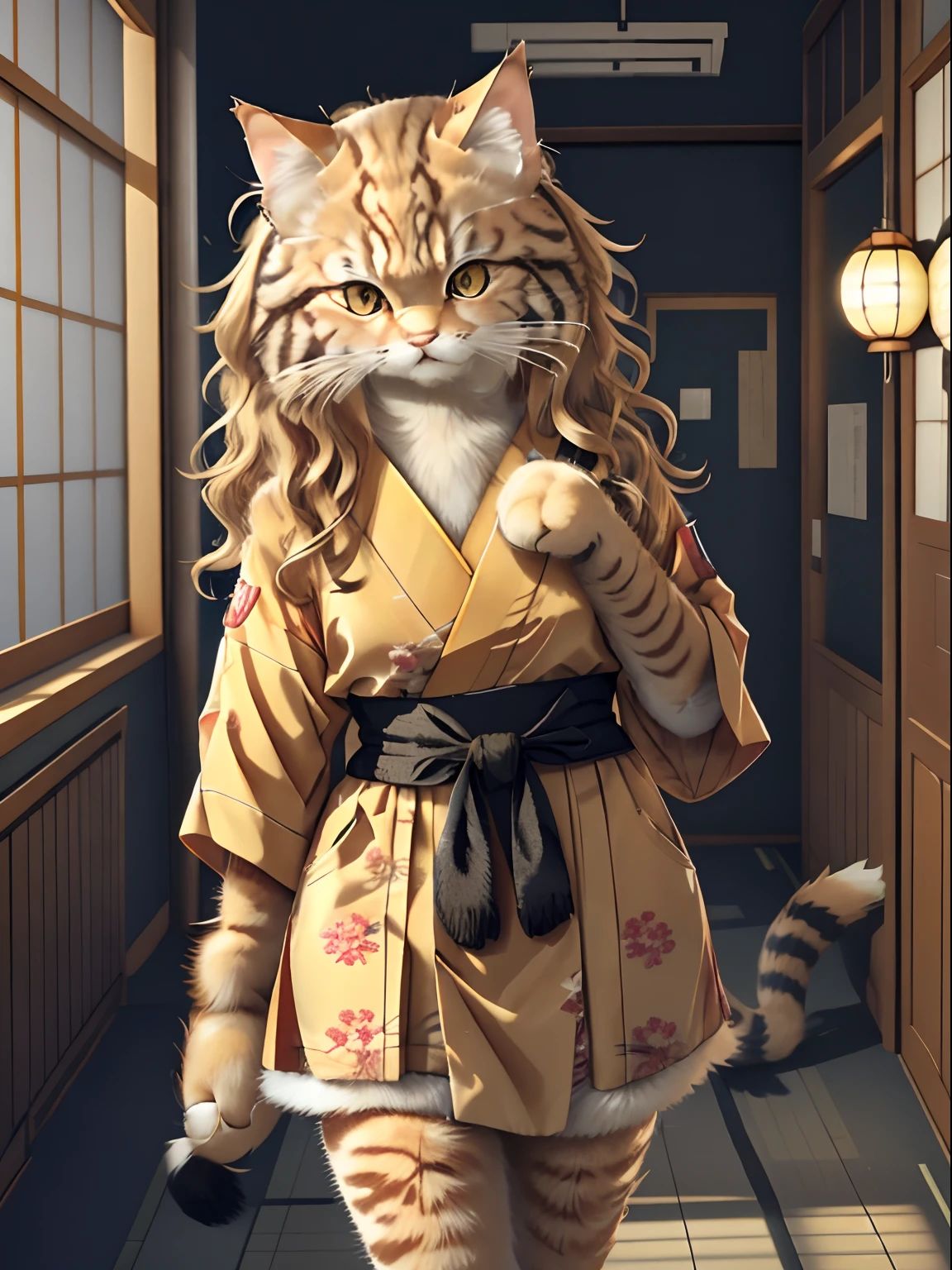 (Photo of a tabby cat(Japanese cat, Manul, Siberian cat) close - up, Walk down the school corridor:1.2), (c4ttitude:1.3), The Paris Collection, Hyper-realistic intricate details, (ambiguous:1.1), Baixo's point of view, Mischievous gaze, Enigmatic smile, Decent appearance, feminine figure, Fashion Show Lighting, Photorealistic, hair all over the body, Cat's Hand, Cat's paws, cat tail