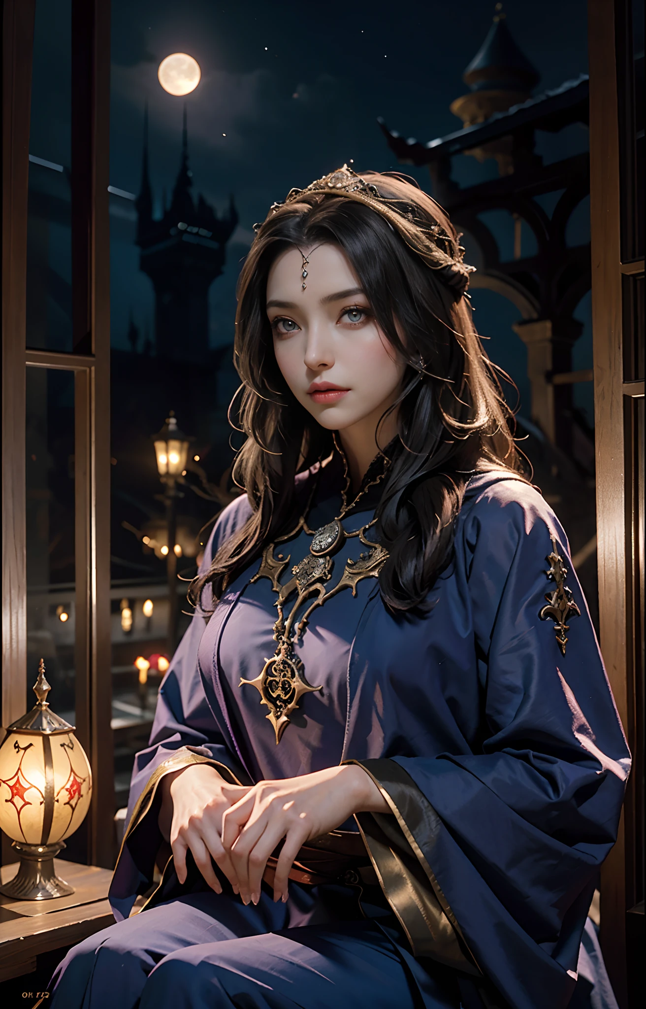 Castlevania Lord of the shadows hyper realistic super detailed Dynamic shot master piece scene cinématique scènes movie Epic Legendary princesse glowing eyes face portrait islamic Beautiful dress covers whole body very detailed caftan moroccan covers chest Wear Moon behind