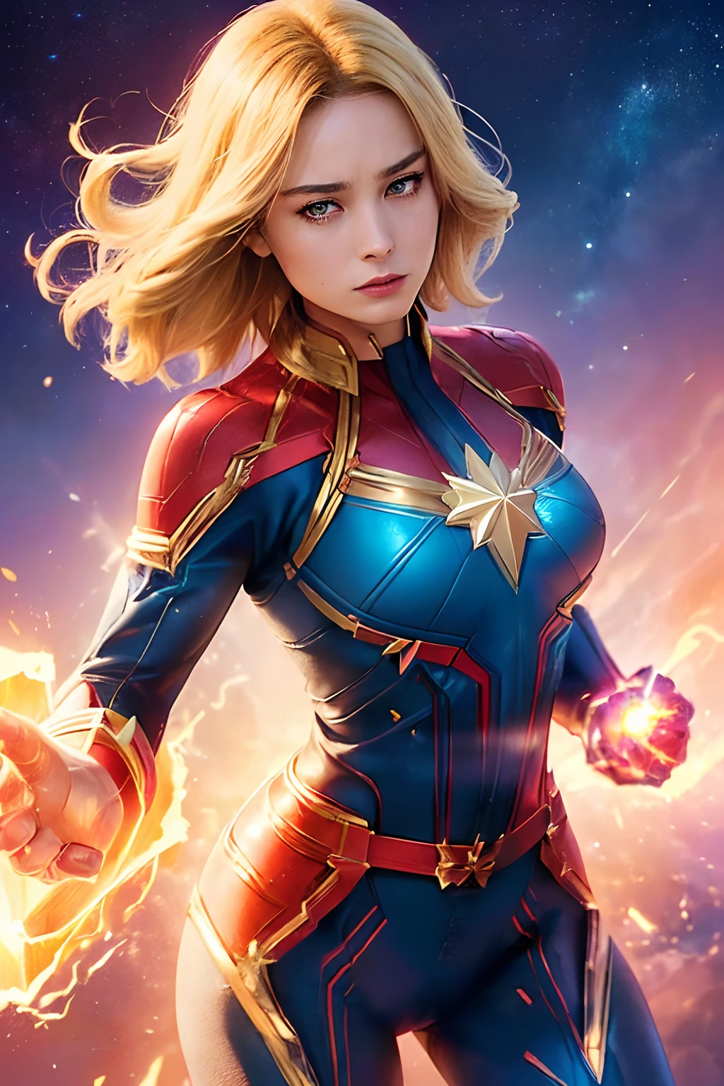 (masterpiece, best quality, photorealistic, cinematic, ultra-detailed, 8k), ((wide shot, from below), ((perfect body, perfect anatomy, nice hands, medium cleavage, long round legs, round ass1.5)), (fighting stance), (imagine Brie Larson as Captain Marvel, radiating an aura of cosmic power and confidence), (her golden-blonde hair flows with an ethereal glow, framing her strong yet delicate features), (her cobalt-blue eyes gleam with an otherworldly intensity, hinting at the vast cosmic energies coursing through her).
(Captain Marvel's distinctive red and gold suit fits her like a second skin, accentuating her athletic and powerful physique), (the red sash that drapes around her waist flutters with an almost surreal sense of movement, hinting at her incredible speed and agility).
(her star-emblazoned chest plate gleams with a brilliant, metallic sheen, and the iconic gold star symbol at its center shines with a radiant luminescence), (the suit's sleek design and intricate details highlight her status as a cosmic protector).
(Brie Larson's expression exudes determination and strength, with a hint of a confident smile on her lips), (her strong jawline and high cheekbones emphasize her unwavering resolve).
(Captain Marvel's outstretched hands, adorned with glowing energy gauntlets, crackle with cosmic power, ready to unleash her photon blasts), (her boots, sleek and practical, seem to defy gravity, emphasizing her ability to soar through the skies and across the cosmos).
(behind her, a backdrop of swirling interstellar nebulae and cosmic energies further reinforces her connection to the vastness of the universe and the immense power she wields as Captain Marvel)