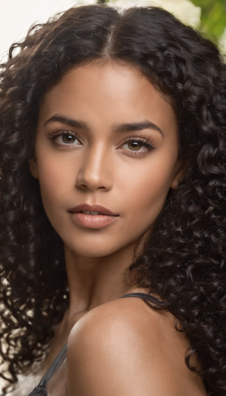 A beautiful and amazing black Brazilian woman,Portrait of the upper body,Kostenlose Locken, schwarzes lockiges Haar, (dunkles, Shorter, lockiges Haar), Wildes schwarzes langes lockiges Haar, Multiversales Haar, Brasilianisch, Kurzes schwarzes lockiges Haar, Lockiges schwarzes Haar, Locken, welliges Haar ausgebreitet, Barocke Locken, Locken, Lockig, Helles, lockiges Haar, Haarstruktur, lockiger Pony