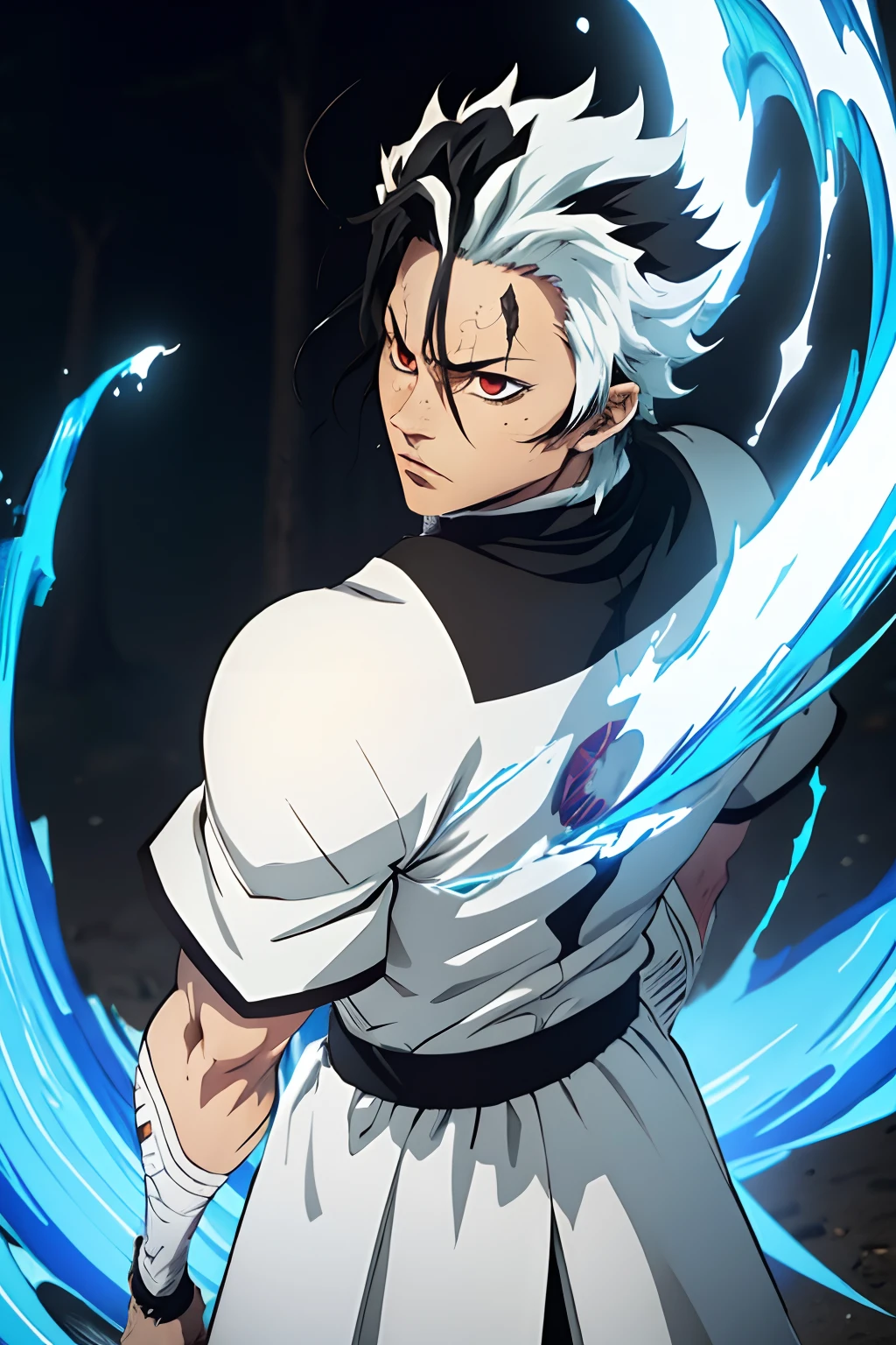 man, black young man, grimmjow hairstyle, black hair, demon slayer uniform, sword, lindo, bleach pose, forte, fire