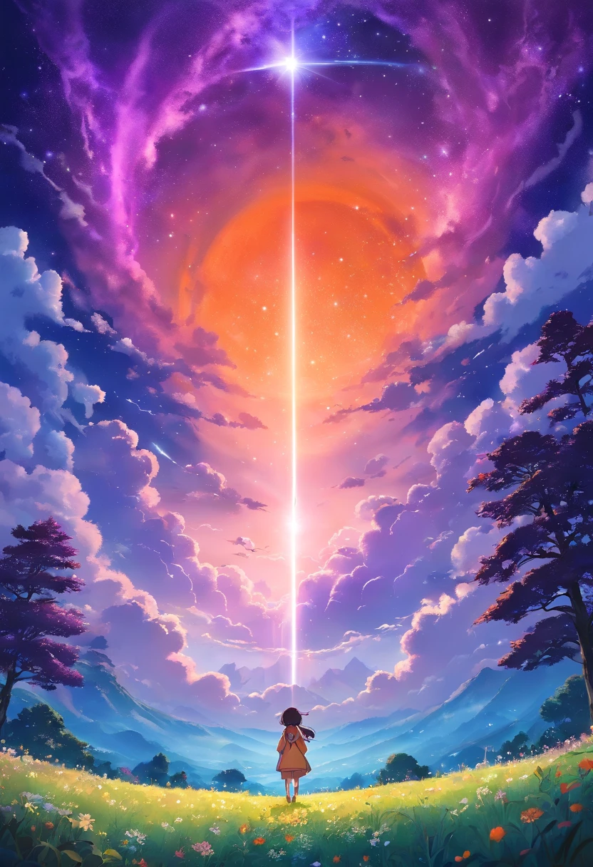 Expansive landscape photograph,(look from down,Above is the sky,Below are open fields),A stood on a flower field and looked up,(moon full:1.2),(meteors:0.9),(Starcloud:1.3),Far Mountain, Tree BREAK making art,(Warm light source:1.2),(glowworm:1.2),lamp lights,Lots of purple and orange,Complicated details,(best qualtiy),4K,ultra - detailed,(dynamic compositions:1.4),detail-rich,plethora of colors,(Irridescent color:1.2),(with light glowing,Atmospheric lighting),dream magical,magical,(独奏:1.