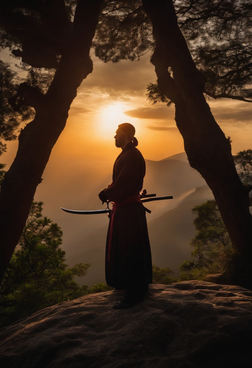 ninja de frente, meditando no topo da montanha, espada, roupa preta, Sunrise behind the ninja, hiper realismo