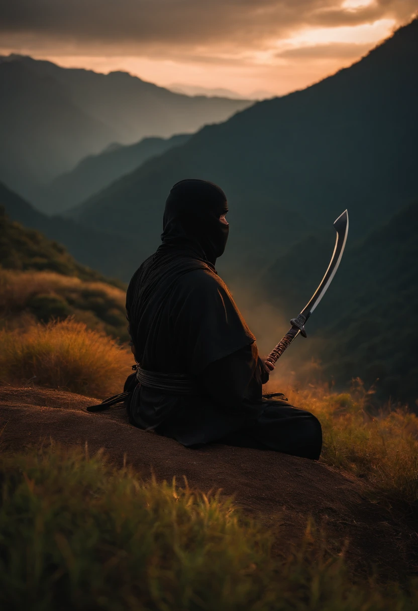 ninja de frente, meditando no topo da montanha, espada, roupa preta, Sunrise behind the ninja, hiper realismo
