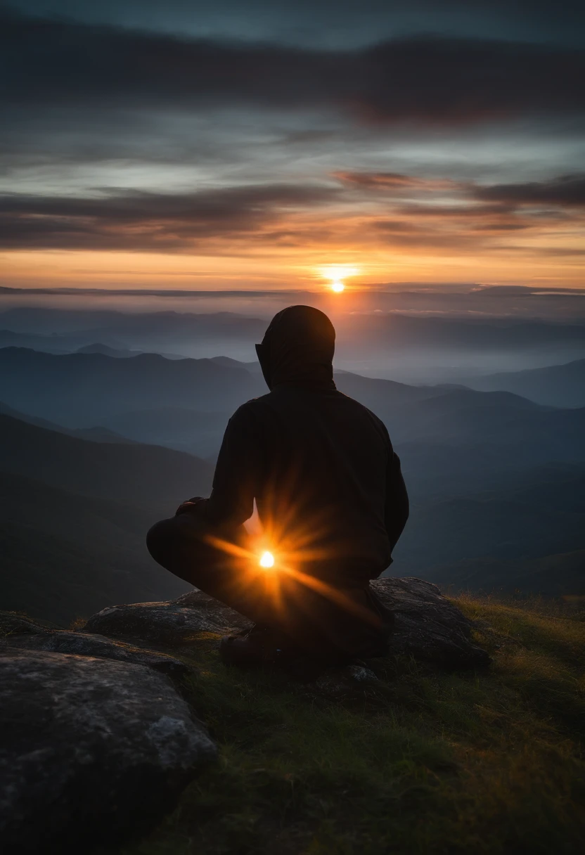 ninja de frente, meditando no topo da montanha, espada, roupa preta, Sunrise behind the ninja, hiper realismo