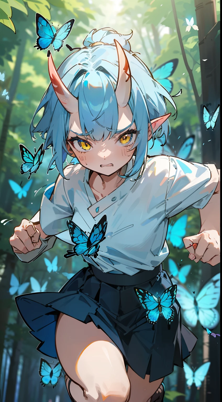 1oni girl,solo,angry face,(white shirt),black skirt,light blue hair, short hair,,yellow eyes,elve ear,mature female,oni horns,(((running in a forest))),(((casting magic blue, several bright blue butterflies around,hidding hands))),masterpiece,hd,4k