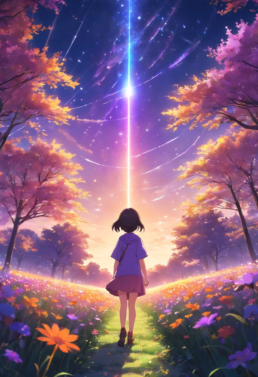 Expansive landscape photograph,(look from down,Above is the sky,Below are open fields),A stood on a flower field and looked up,(moon full:1.2),(meteors:0.9),(Starcloud:1.3),Far Mountain, Tree BREAK making art,(Warm light source:1.2),(glowworm:1.2),lamp lights,Lots of purple and orange,Complicated details,(best qualtiy),4K,ultra - detailed,(dynamic compositions:1.4),detail-rich,plethora of colors,(Irridescent color:1.2),(with light glowing,Atmospheric lighting),dream magical,magical,(独奏:1.