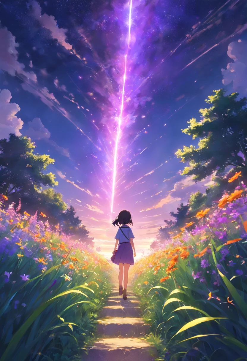 Expansive landscape photograph,(look from down,Above is the sky,Below are open fields),A little girl stood on a flower field and looked up,(moon full:1.2),(meteors:0.9),(Starcloud:1.3),Far Mountain, Tree BREAK making art,(Warm light source:1.2),(glowworm:1.2),lamp lights,Lots of purple and orange,Complicated details,(best qualtiy),4K,ultra - detailed,(dynamic compositions:1.4),detail-rich,plethora of colors,(Irridescent color:1.2),(with light glowing,Atmospheric lighting),dream magical,magical,(独奏:1.
