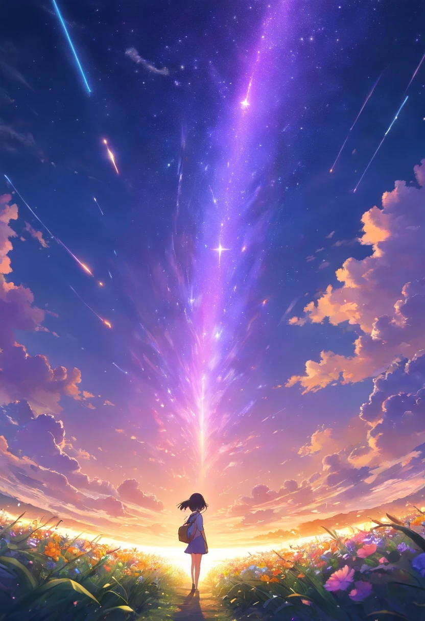 Expansive landscape photograph,(look from down,Above is the sky,Below are open fields),A little girl stood on a flower field and looked up,(moon full:1.2),(meteors:0.9),(Starcloud:1.3),Far Mountain, Tree BREAK making art,(Warm light source:1.2),(glowworm:1.2),lamp lights,Lots of purple and orange,Complicated details,(best qualtiy),4K,ultra - detailed,(dynamic compositions:1.4),detail-rich,plethora of colors,(Irridescent color:1.2),(with light glowing,Atmospheric lighting),dream magical,magical,(独奏:1.