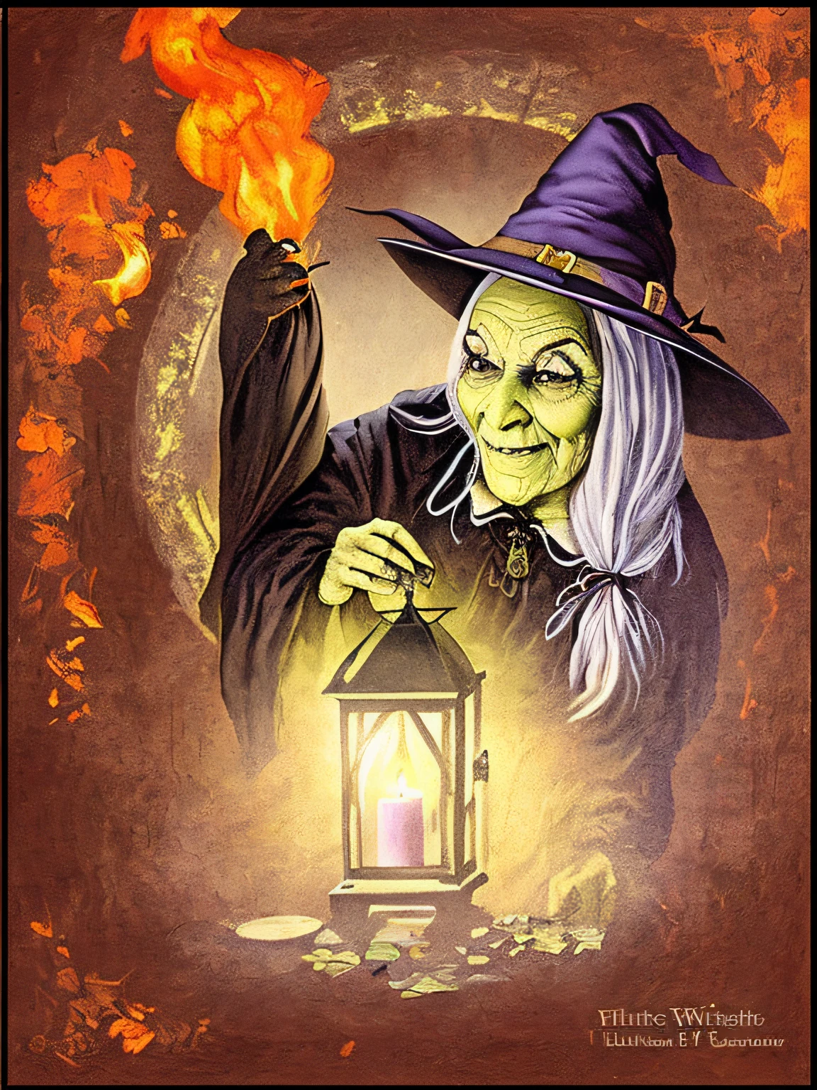 painting of an old, ugly witch with a lantern in her hand, witch, portrait of a witch, wicked witch of the west, a witch, casting a spell, scarry witch woman, full color illustration, classical witch, very old, ugly  witch, the witch conjure, witchy, casting a spell on a potion