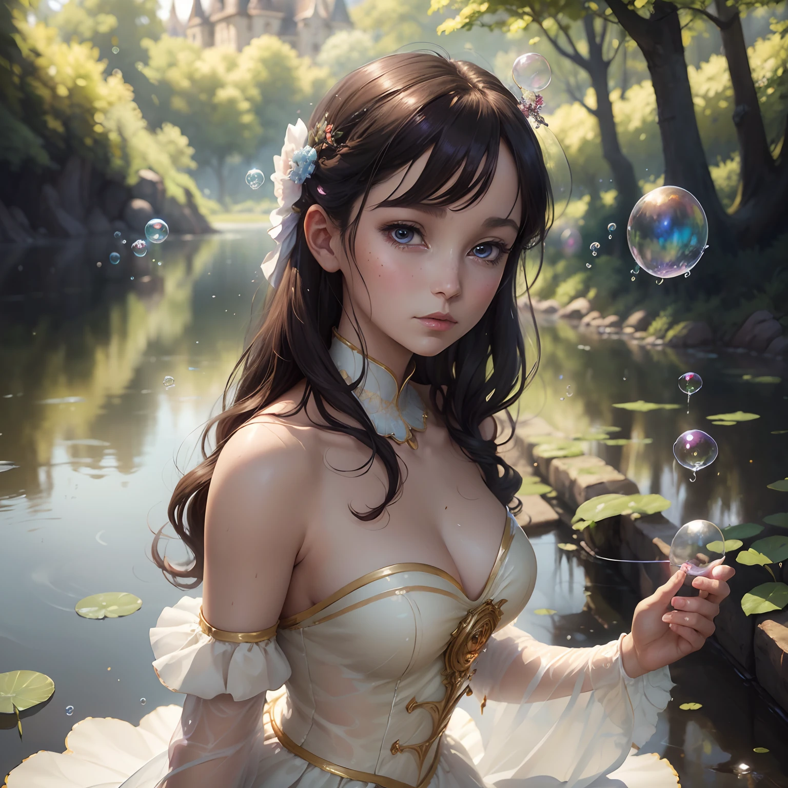 a painting of a woman in a dress blowing bubbles, loish and wlop, ethereal bubbles, moebius + loish + wlop, dreamy and detailed, intricate wlop, closeup fantasy with water magic, fairytale artwork, fairytale painting, in style of anna dittmann, wlop art, realistic fantasy painting, artgerm julie bell beeple