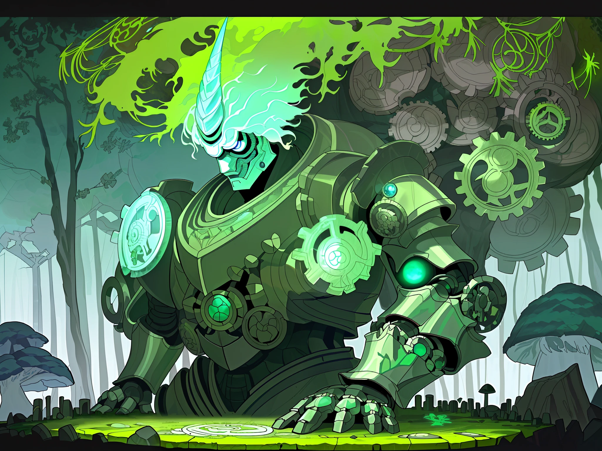 Giant robots,The upper part of the body,unicorn,(The design references the tribal totem style:1.3),(There are gears in the body,Skillfully displayed inside the shattered armor:1.3),(//The head camera is designed in a glass spray paint style:1.3//),The contrast between high and low is obvious,This robot is half a body taller than a tree,(It's a magic-style machine,Stone shell:1.3),(There are green moss at the joints:1.3),Break!,Dense woods,Huge trees and mushrooms,Gray stones and wildflowers grow in the crevices of the stones