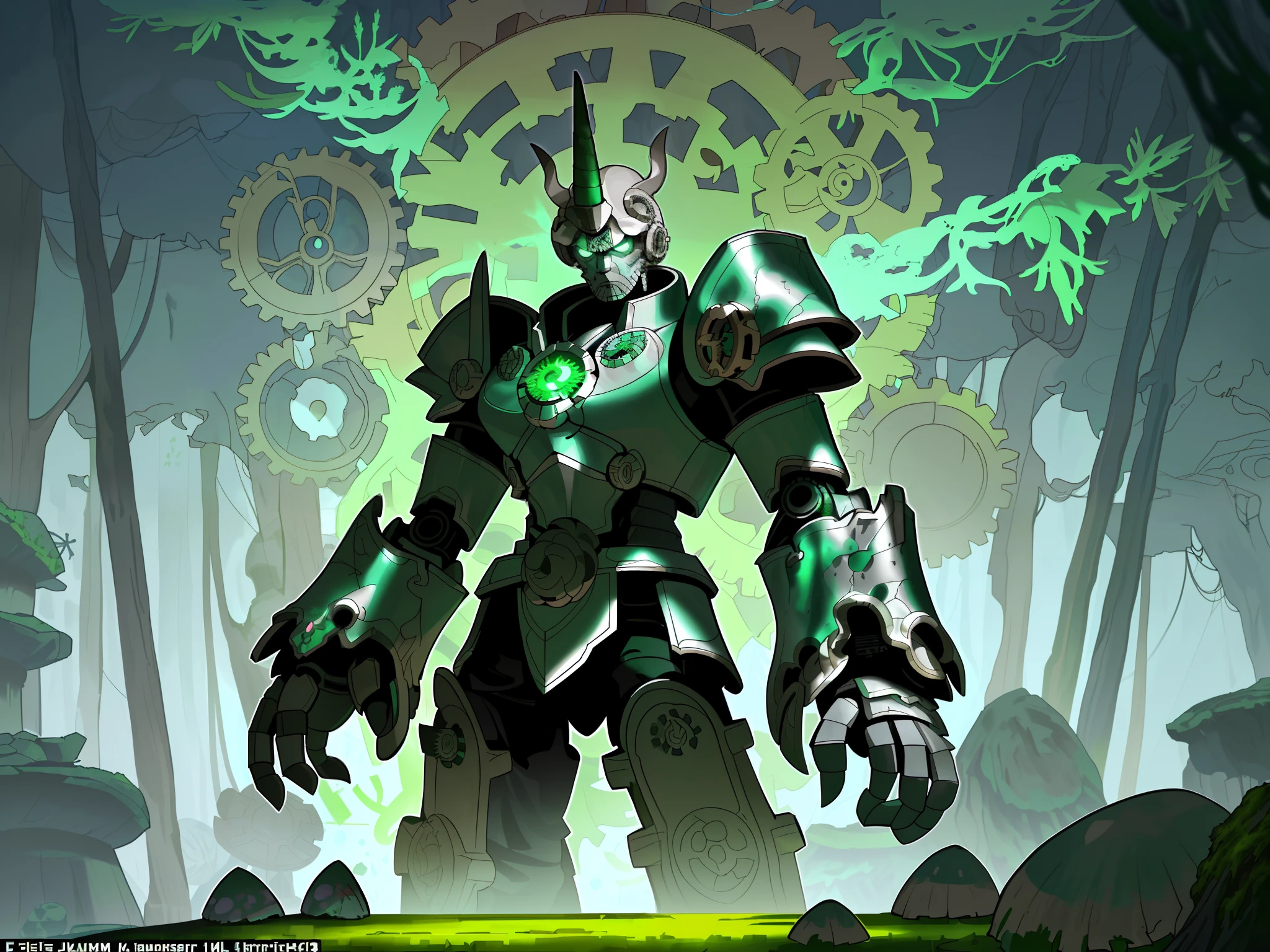 Giant robots,The upper part of the body,unicorn,(The design references the tribal totem style:1.3),(There are gears in the body,Skillfully displayed inside the shattered armor:1.3),(//The head camera is designed in a glass spray paint style:1.3//),The contrast between high and low is obvious,This robot is half a body taller than a tree,(It's a magic-style machine,Stone shell:1.3),(There are green moss at the joints:1.3),Break!,Dense woods,Huge trees and mushrooms,Gray stones and wildflowers grow in the crevices of the stones