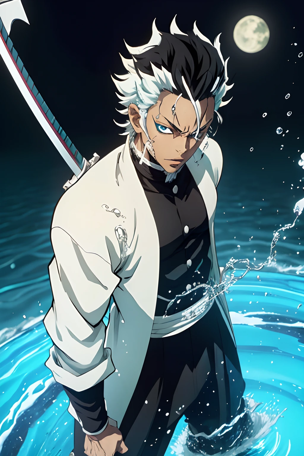 man, black young man, grimmjow hairstyle, black hair, demon slayer uniform, sword, lindo, bleach pose, forte, water