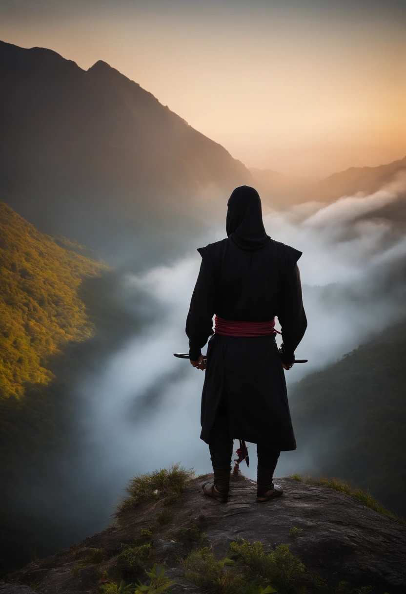 ninja de frente, meditando no topo da montanha, espada, roupa preta, Sunrise behind the ninja, hiper realismo