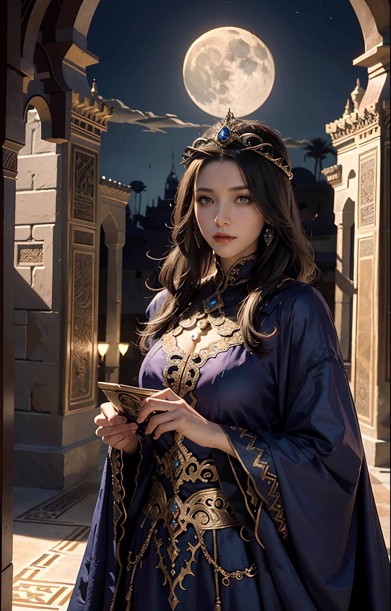 Castlevania Lord of the Shadows hyper realistic super detailed Dynamic shot masterpiece cinematic scene scenes movie Epic Princess legendary bright eyes face Islamic portrait Beautiful dress covers the whole body very detailed Moroccan caftan covers chest Wearing the Moon behind moroccan islamic environment architecture background wide angle